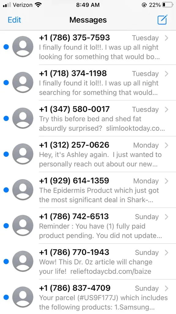A phone's messages app filled with spam texts from unknown numbers